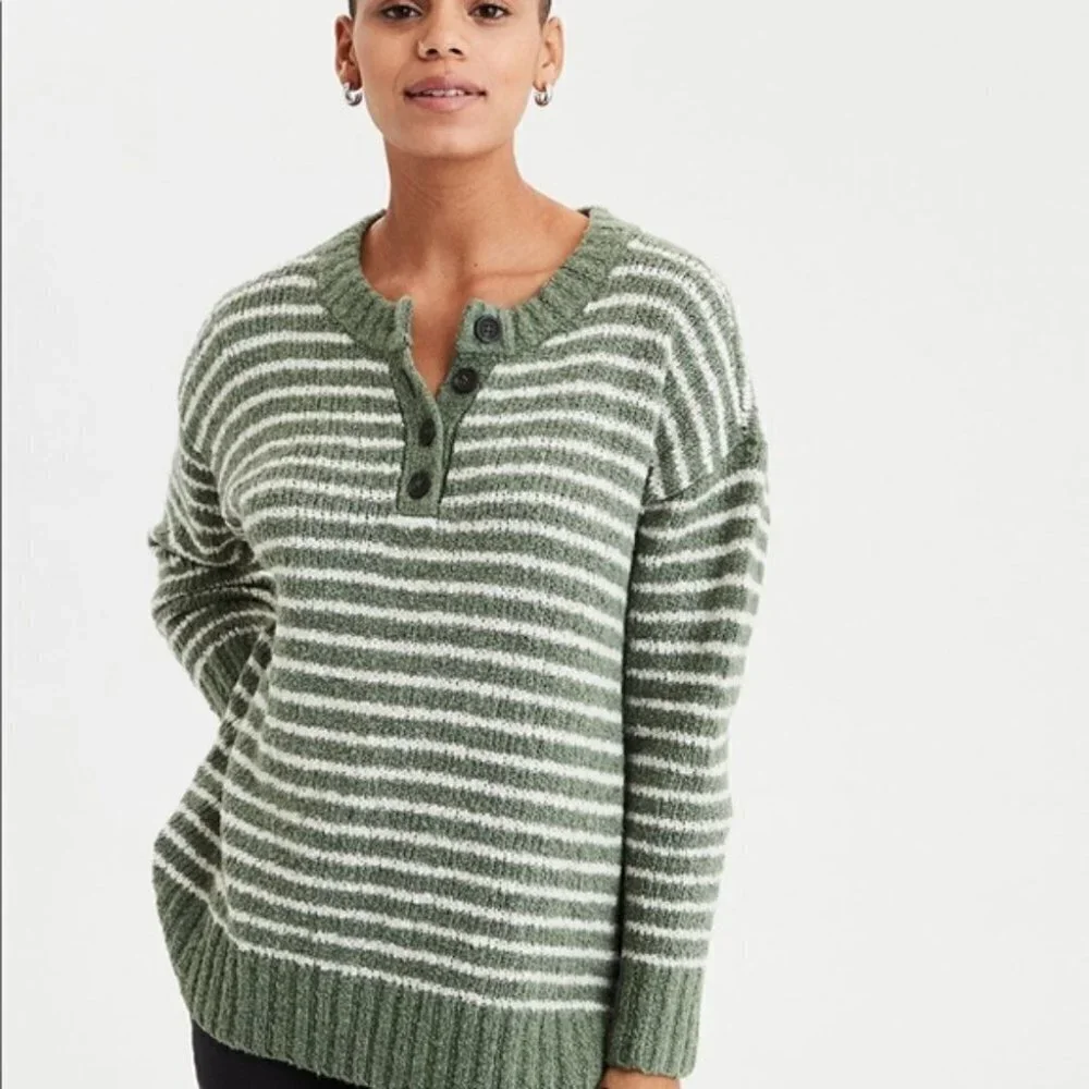 American Eagle Sweater Jegging Fit Oversized Striped Pullover Henley Boxy Top L